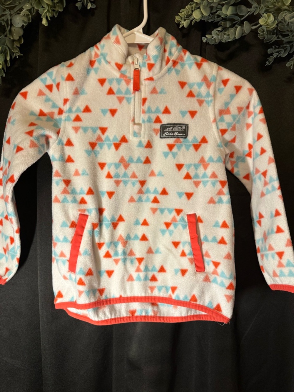 Eddie Bauer White Fleece Pullover with Coral & Aqua Triangle Print